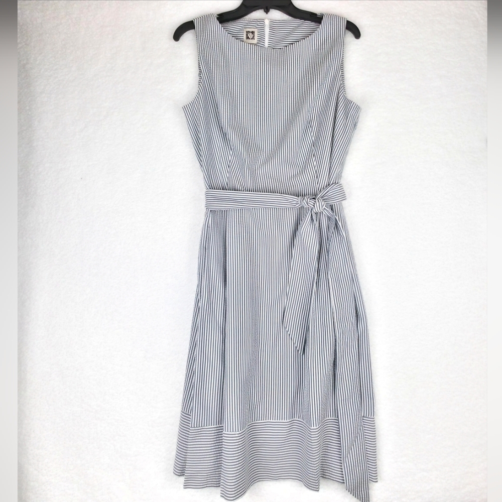 Anne Klein Gray and White Striped Seersucker Midi Dress Size 14 - Picture 3 of 9
